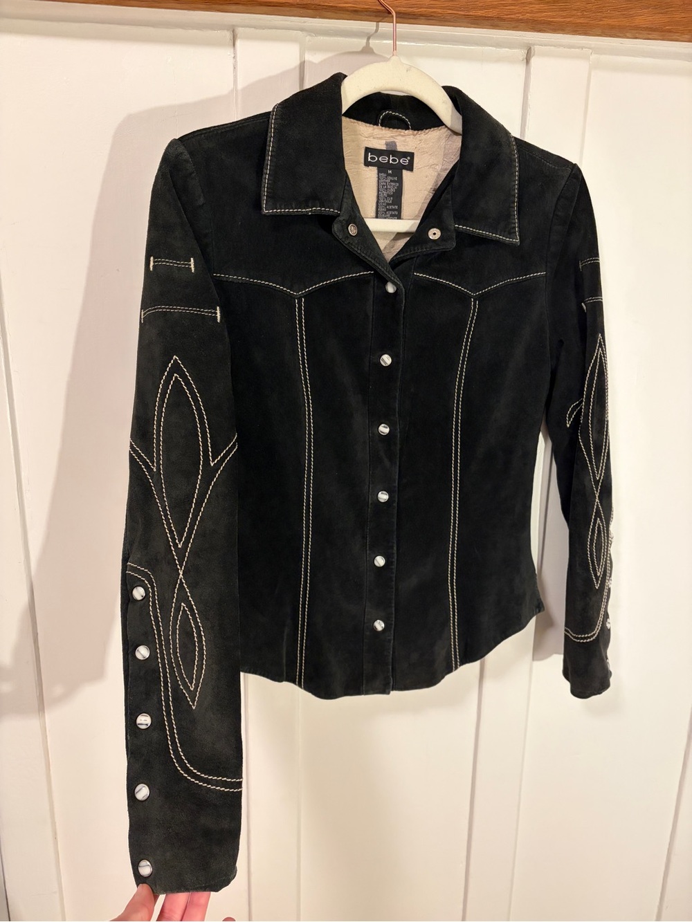 bebe Black Suede Snap-Front Jacket with Contrast Stitching
